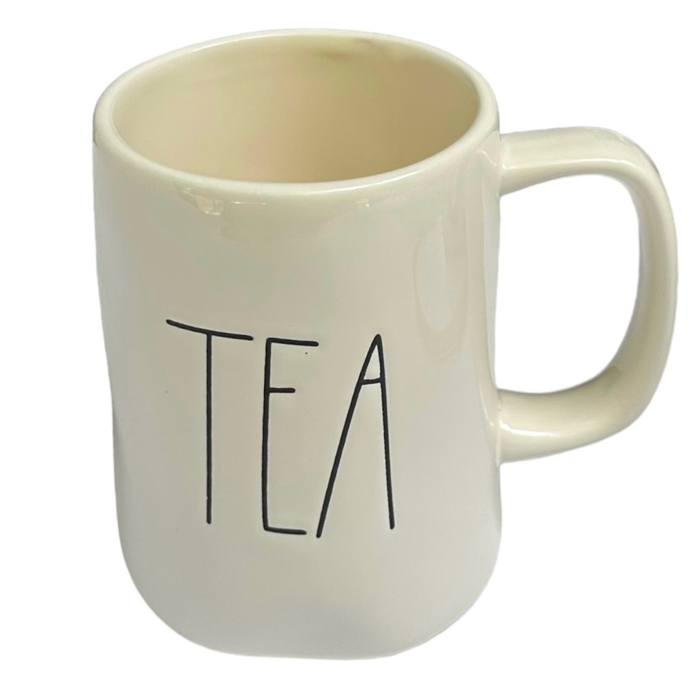 Rae Dunn TEA Mug Ceramic White Black Large Long Letters Dimples NWT 2017 OG